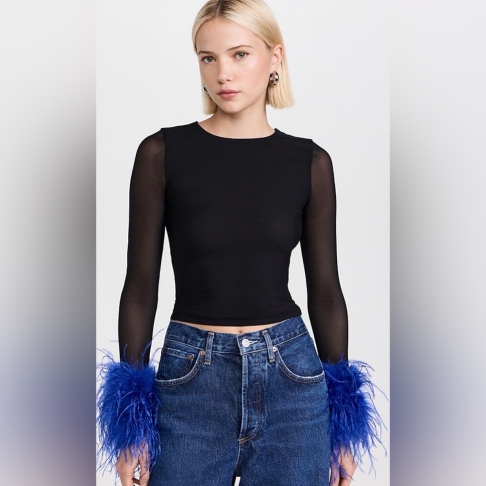 Alice + Olivia Black Crop Top with Blue Feather Cuffs